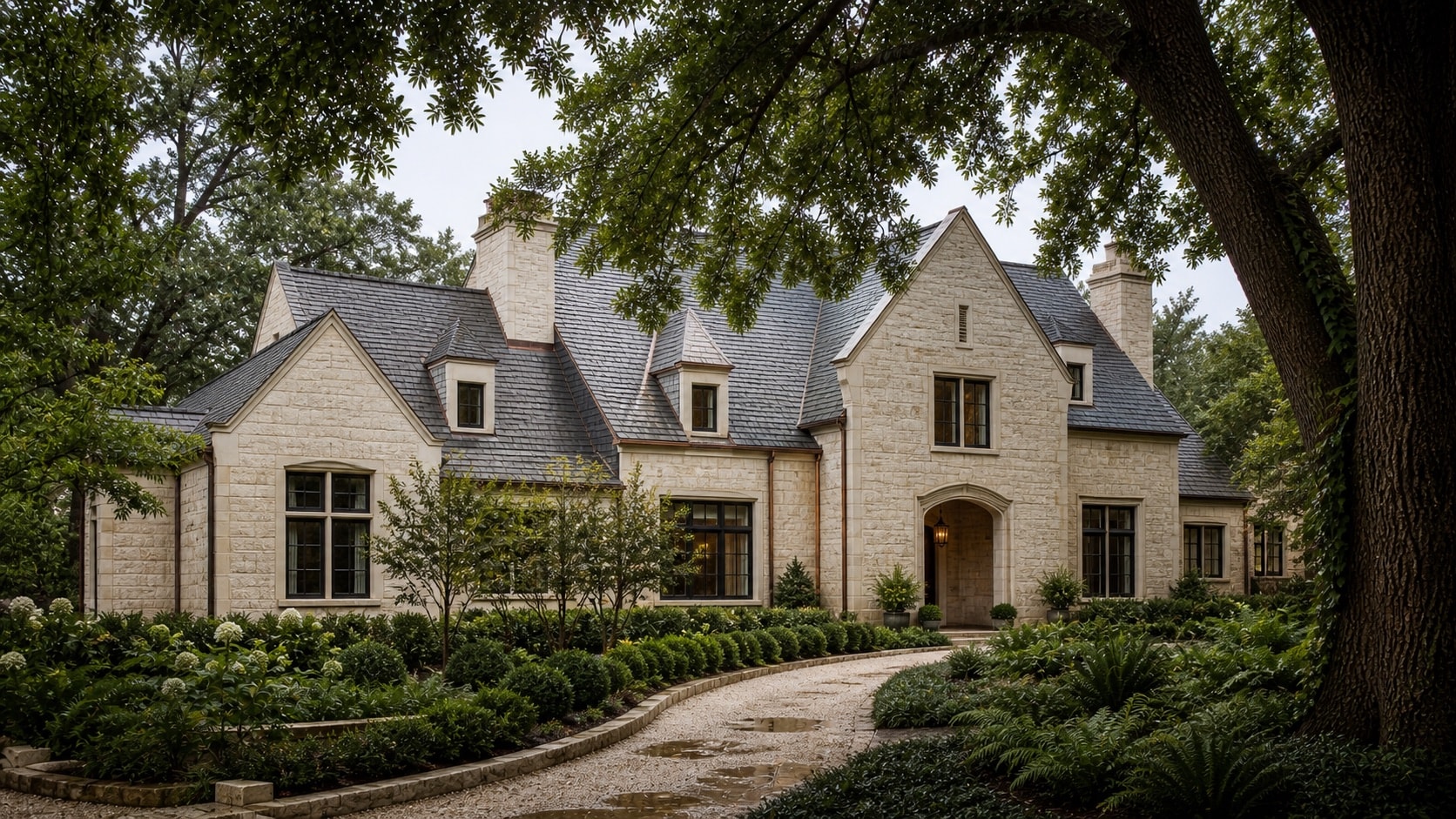 Highland Park limestone residence and mature landscape
